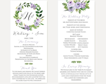 Lavender Floral Watercolor Wedding Program, Wedding Programs Designs, Wedding Programs Instant Download, Wedding Program Format Template