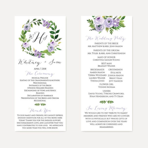 Lavender Floral Watercolor Wedding Program, Wedding Programs Designs, Wedding Programs Instant Download, Wedding Program Format Template