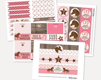 May include: Printable party decorations for a horse-themed birthday party. The pink and brown decorations feature horseshoes, stars, and a horse silhouette. The text on the decorations reads "Happy Birthday Evelyn".