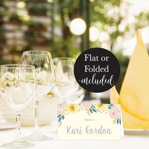 Yellow Floral Wedding Place Card Template, Modern Spring Summer Printable Name Place Card, Editable Text Cards , DIY Wedding PDF