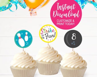 Cupcake Decorations, Flag Toppers, Custom Toppers, Cupcake Toothpicks, Bowling Party Ideas, Bowling Birthday Ideas, Stationery DIY
