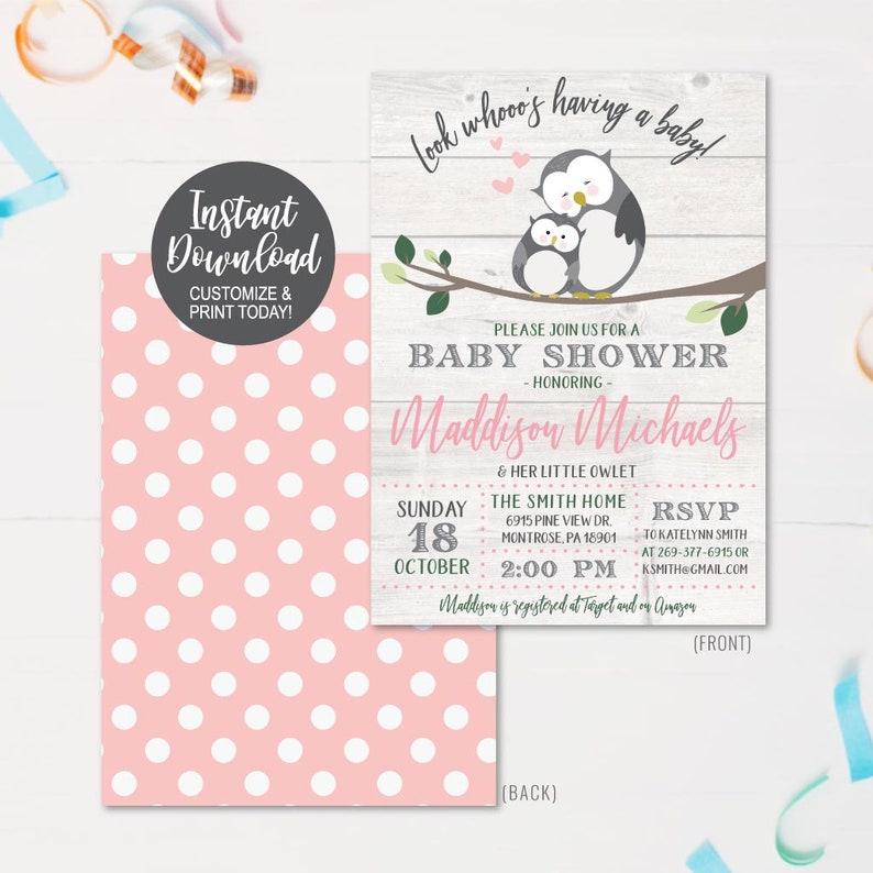 Owl Girl Pink Gray Printable Baby Shower Invitation Baby - Etsy