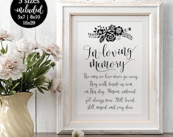 May include: A black and white printable sign with the text "In loving memory" and a floral design. The text reads "The ones we love never go away. They walk beside us, even on this day. Unseen, unheard, yet always near. Still loved, still missed, and very dear."