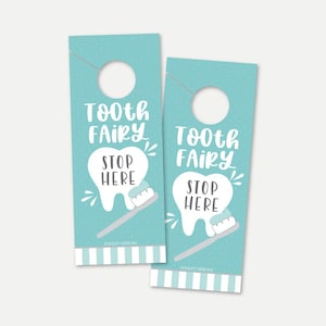 Appendiabiti per porta stampabile della fatina dei denti, per favore fermati qui Targhetta per porta per bambini, modello di download istantaneo dell'idea della fatina dei denti, primo dente perso fai da te