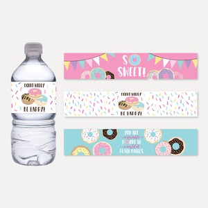 Pink Donut Water Bottle Labels Printable, Rainbow Sprinkles Drink Wrapper, Blue Doughnut Juice Wrap, Sweet Treat Party Favor, Breakfast DIY