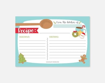 Christmas Cookie Exchange Recipe Card Template - Printable Recipe Card Template, Handwritten Recipe Cards, Editable Recipe Card Template