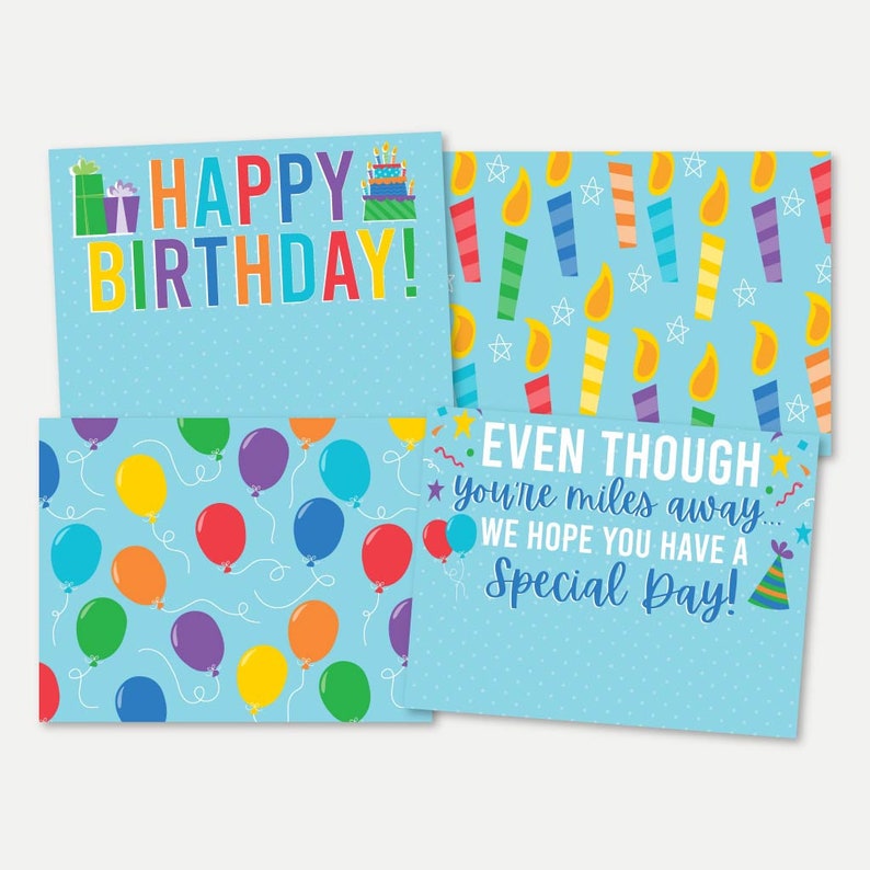 May include: Three blue cards with colorful birthday greetings. The first card says "Happy Birthday!" and has a blue background with white polka dots. The second card has a blue background with white polka dots and a pattern of colorful candles. The third card says "Even though you're miles away... We hope you have a special day!" and has a blue background with white polka dots and a pattern of colorful balloons.