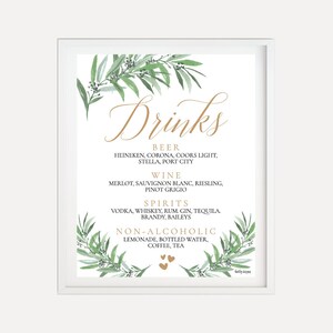 Modello di segno del menu del bar del matrimonio greenery - Menu delle bevande d'autore stampabile, Modello di matrimonio del menu del bar, Menu del matrimonio, Hadley Designs