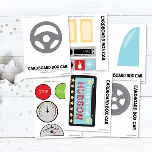 Puede incluir: Plantillas imprimibles para un proyecto de manualidades de coche de caja de cart&oacute;n. El conjunto incluye un volante, un tablero con botones de parada y arranque, un veloc&iacute;metro, un indicador de combustible, una placa de matr&iacute;cula que dice "Party Animal Hudson", una ventana trasera y un neum&aacute;tico.