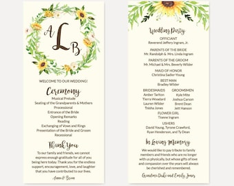 May include: A wedding ceremony program with a sunflower wreath design. The program includes the order of events for the ceremony, a thank you message, and a section for in loving memory. The text includes the names Anne & Briun.
