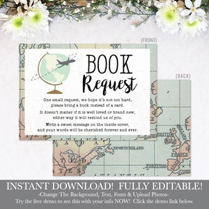 Map Globe Travel Baby Shower Book Request Card, Baby Shower Games Printable, Baby Shower Book Request, Edit Yourself, DIY, Hadley Design image 3