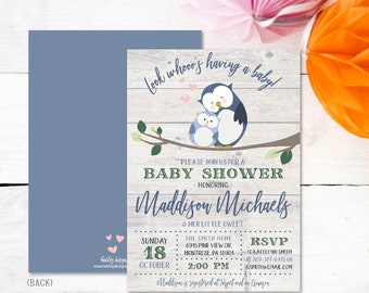 May include: A baby shower invitation with a blue and white owl illustration. The invitation is for Maddison Michaels and her little owlet. The shower is on Sunday, October 18th at 2:00 PM at The Smith Home, 6915 Pine View Dr., Montrose, PA 18901. RSVP to Katelynn Smith at 269-377-6915 or ksmith@gmail.com.