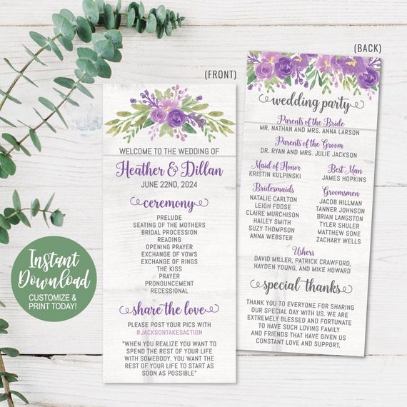 Diy Printable Wedding Programs Templates Wedding Program Etsy