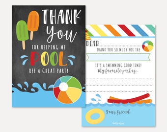 Waves Pool Kids Party Fill In The Blank Thank You Card Template - Fill In The Blank Thank You Card, Kids Fill In, Fill In Note