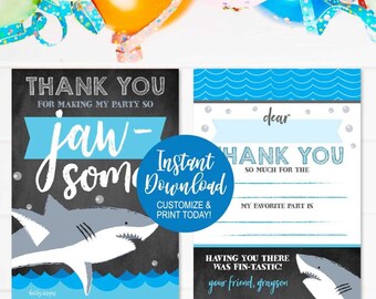 Shark Blank Thank You Card Template Download, Blank Thank You Note, Printable Thank You Card Toddler Birthday, Kids Thank You Note Card