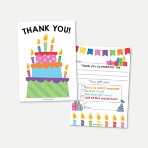 Verjaardag dank u kaart afdrukbaar, vul de lege notitiekaarten in voor het verjaardagsfeestje van kinderen, bewerkbare dank u stationair, DIY aangepaste sjabloon