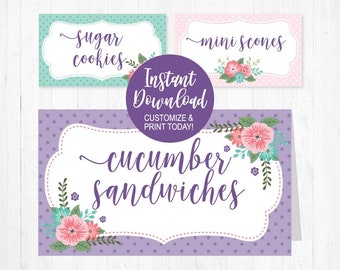 Cartes de tente de nourriture de thé, cartes de tente de buffet, cartes de tente imprimables, modèle de carte de place modifiable, modèle de signe de nourriture, modèle d'étiquette de buffet