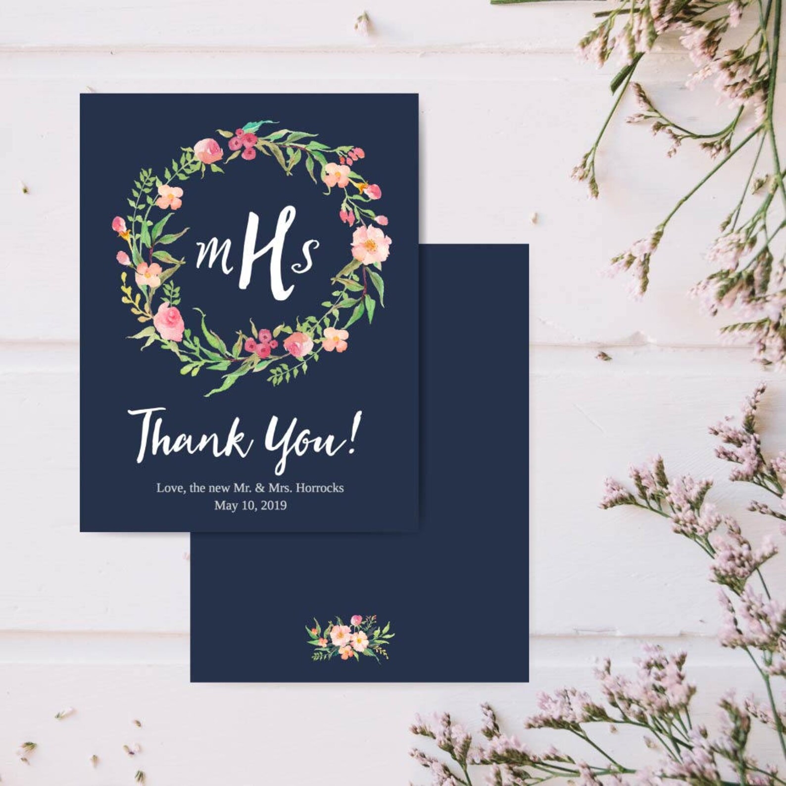 Navy Blue and Blush Floral Thank You Cards Bulk, Editable Thank You ...
