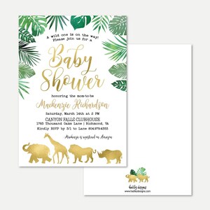 May include: A green and gold baby shower invitation with a jungle theme. The invitation features a leafy border with gold animal silhouettes, including an elephant, giraffe, lion, and rhinoceros. The text reads "A wild one is on the way! Please join us for a Baby Shower honoring the mom-to-be Mackenzie Richardson Saturday, March 14th at 2 PM CANYON FALLS CLUBHOUSE 1783 Thousand Oaks Lane | Richmond, VA Kindly RSVP by 3/1 to Lane 804.979.4353 Mackenzie is registered on Amazon"