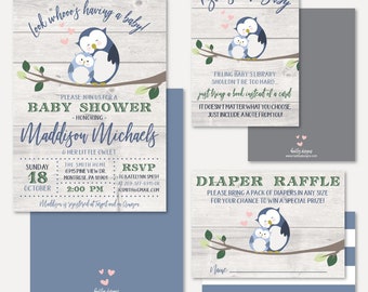 May include: A baby shower invitation with a penguin theme. The invitation is blue and white with a wooden background. It says "look whooo's having a baby!" and "Please join us for a baby shower honoring Maddison Michaels & her little owlet". The invitation also includes the date, time, and location of the shower. There is a separate card that says "Books for Baby" and asks guests to bring a book instead of a card. There is also a diaper raffle card that asks guests to bring a pack of diapers for a chance to win a special prize.