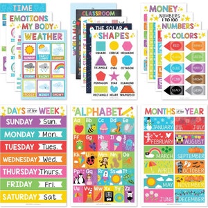 16 carteles para la educación en el hogar, cuadro de aprendizaje educativo para matemáticas, pared con el abecedario, clima, días de la semana, calendario del mes y el año, mapa de EE. UU. y del mundo