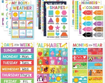 16 Homeschool Posters, Educational Learning Chart for Math, ABC Wall, Weather, Days of the Week, Month Year Calendar, US & World Map
