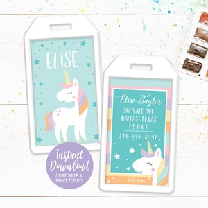 Unicorn Luggage Tag Template, Fantasy Travel Insert, Custom Girl Vacation Name Tag, Kids Suitcase Tags for Cruises, Digital Printable Gifts