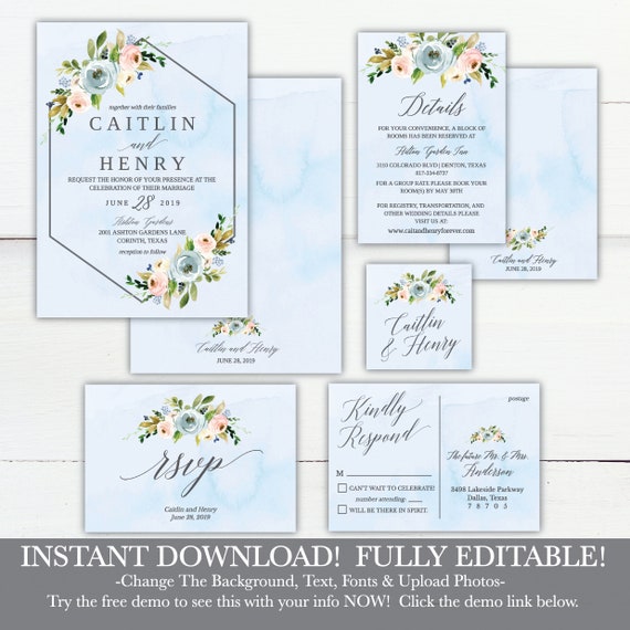 Dusty Blue And Pink Hexagon Floral Wedding Invitations Suite Etsy