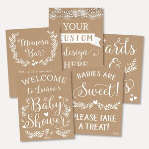 Modelli di set di cartelli per baby shower floreali in carta kraft e bianca -Mimosa Bar, Benvenuto, I bambini sono dolci, per favore prenditi un dolcetto, Carte e regali, Personalizzati