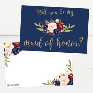 Printable Will You Be My Maid of Honor Card, Navy Floral Wedding Greeting Card, Maid of Honor Proposal Request Card, Instant PDF Download