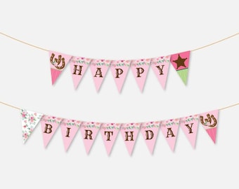 May include: Pink and white floral patterned triangle banner with the words "Happy Birthday" in brown letters. The banner has brown horseshoe and star accents.