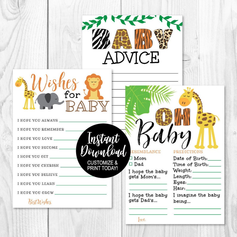 Advice Card Jungle Animal Black Green Baby Shower Package Keepsake Bundle Oh Baby Well Wishes for Baby Baby Keepsake Cards