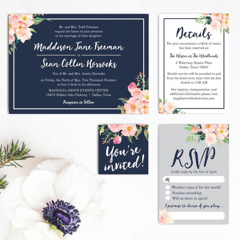 Navy Blue and Blush Floral Wedding Invitation Suite, Online Wedding Invite Template, Affordable Wedding Invitation Package, Hadley Designs image 7