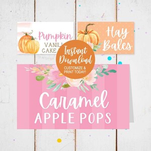 May include: Three printable food labels for a fall-themed party. The labels feature a pink and white floral design with a striped background. The labels read "Pumpkin Vanilla Cake", "Hay Bales", and "Caramel Apple Pops".