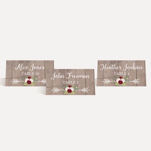 Plantilla de tarjetas de lugar de boda de color borgoña rústico de Mason Jar - Recepción de boda de tarjetas de lugar, caligrafía de tarjeta de lugar de boda, imprimible