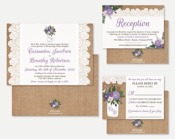 Rustic Mason Jar Floral Lace and Burlap Wedding Invitation, RSVP, and Details Set Templates - Wedding Invitations With RSVP Included, Cards