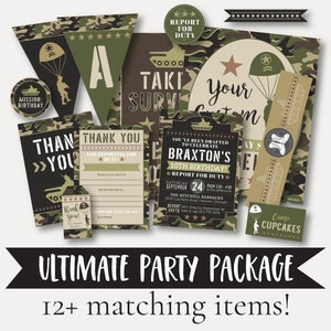 Camo Army Kids Party compleet pakketsjablonen - uitnodiging, borden, banner, strovlaggen, bedankkaart invullen, gunstlabel, decor