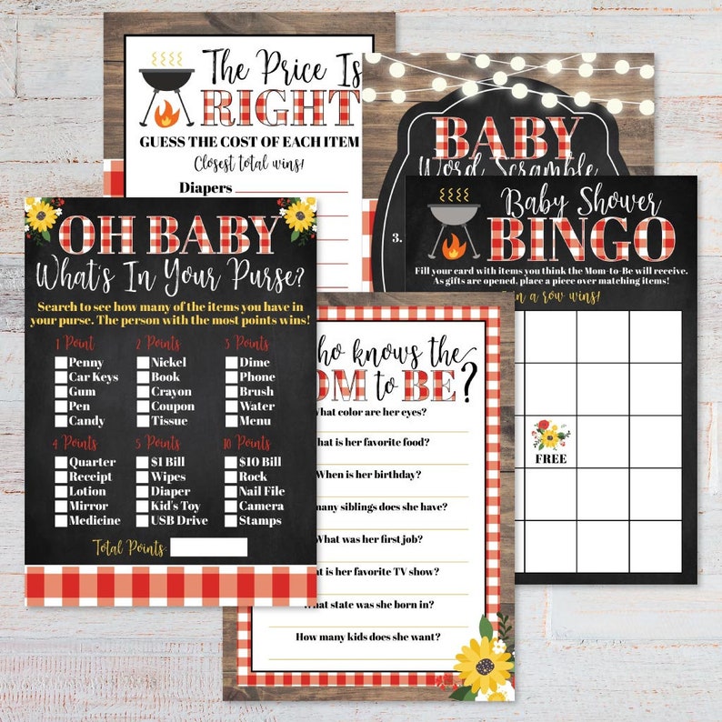 BBQ Baby Shower Game Set Templates Bingo Word Scramble the Etsy