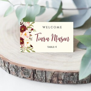 Marsala Watercolor Floral Crest Wedding Place Card Flat and Tented, Hadley Designs, Place Cards Wedding Reception, Place Card Calligraphy