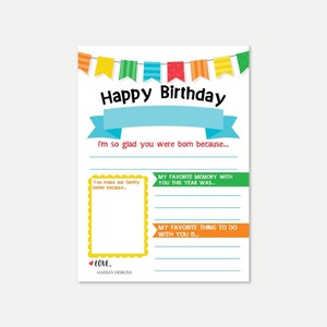 Plantilla de tarjeta de cumpleaños para hermanos y amigos, carta de entrevista imprimible, recuerdo de fiesta de cumpleaños, tarjeta personalizada para niños o niñas Bday