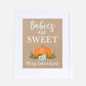 Modello di cartello per dolcetti per baby shower con zucca per ragazzo - Decorazioni per baby shower a prezzi accessibili, decorazioni per baby shower per ragazzo, cartello per baby shower per ragazza