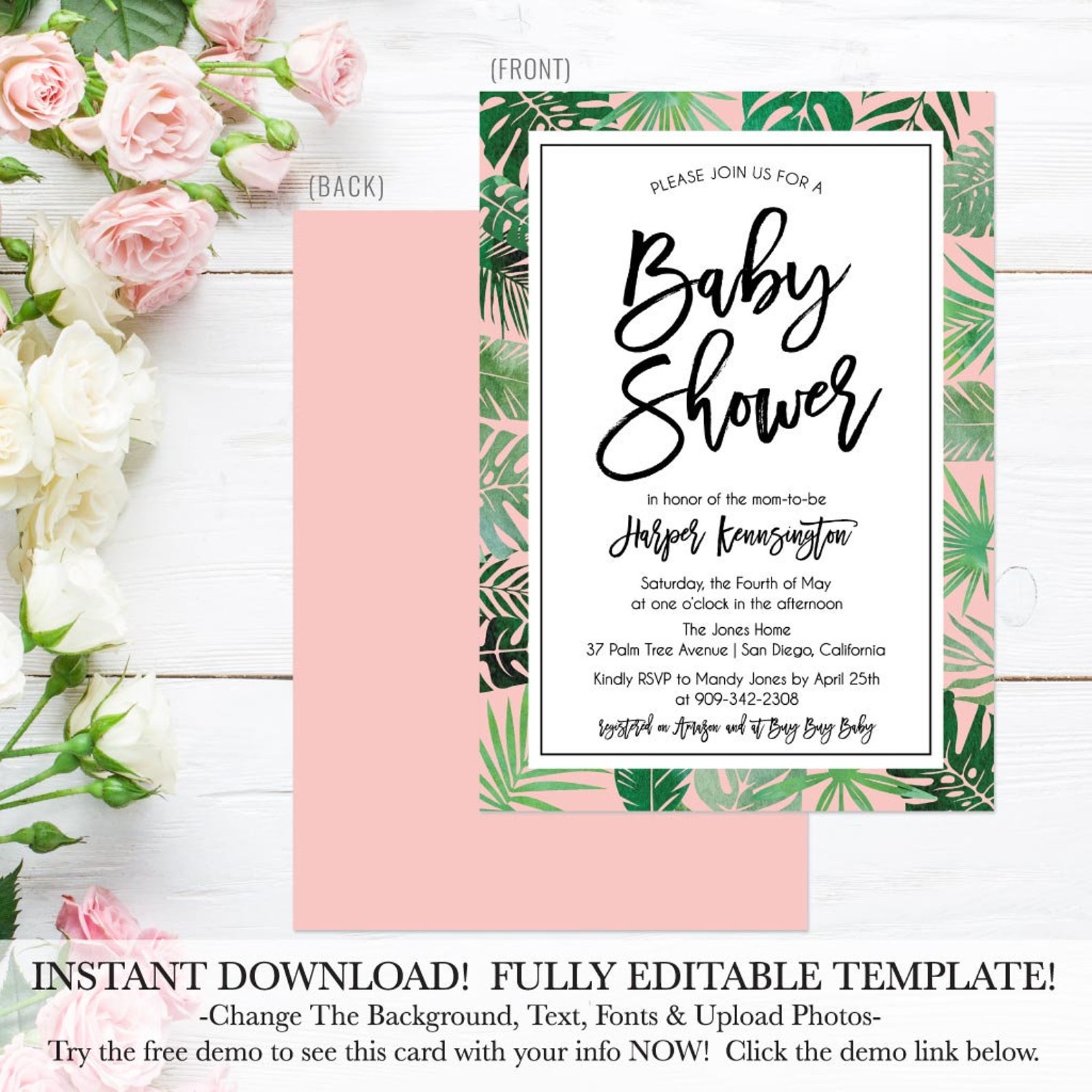 Tropical Baby Shower Pink Baby Brunch Invitation Printable Etsy