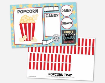 Movie Night Popcorn Tray Template - Printable Movie Tray Template, Movie Tray Box, Movie Snack Tray For Kids, Printable Snack Tray Set