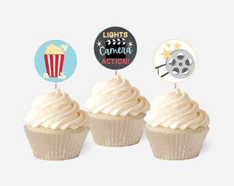 Movie Night Cupcake Topper Template - Name Cupcake Toppers, Printable Cupcake Topper Birthday, Custom Cupcake Toppers Editable, Digital
