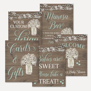 Modelli di set di cartelli per baby shower per bambini floreali rustici in legno - Mimosa Bar, Benvenuto, I bambini sono dolci, per favore prenditi un dolcetto, Carte e regali, Personalizzati