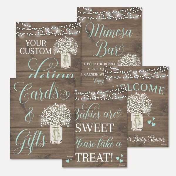 Wood Rustic Floral Boy Baby Shower Signs Set Templates -Mimosa Bar, Welcome, Babies Are Sweet Please Take A Treat, Cards and Gifts, Custom