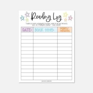 May include: A printable reading log with a colorful design featuring stars. The log has columns for the date, book title, and pages or minutes read.