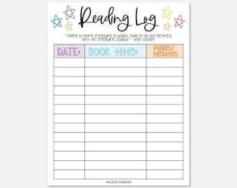 May include: A printable reading log with a colorful design featuring stars. The log has columns for the date, book title, and pages or minutes read.