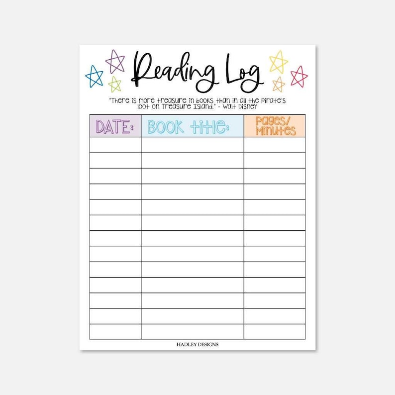 May include: A printable reading log with a colorful design featuring stars. The log has columns for the date, book title, and pages or minutes read.
