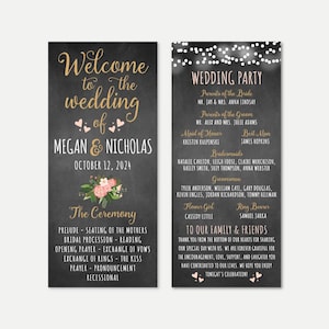 Puede incluir: Un programa de boda estilo pizarra con letras doradas. El programa incluye los nombres Megan y Nicholas, la fecha de la boda y una lista de los eventos de la ceremonia de boda. El programa también incluye una lista de los miembros de la fiesta de bodas, incluidos los padres de la novia y el novio, la dama de honor, el padrino de boda, las damas de honor y los padrinos de boda. El programa termina con un mensaje de agradecimiento a los invitados por asistir a la boda.